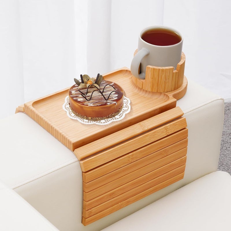 GHKINMAL Couch Cup Holder Tray, 3 in 1 Couch Arm Trays,Large Bamboo Chair Arm Rest Tray with 360° Cup Holder,Removable Anti-Slip Organizer for Snack Eating - Image 1